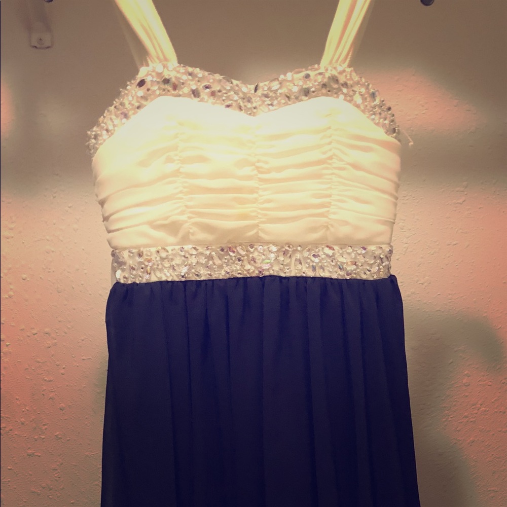 Navy blue and white prom dress from Dillard’s